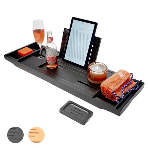 Luxury Bamboo Bathtub Caddy Tray Bath Table with Wine Glass Holder, Book & Tablet Slot – Adjustable Spa Organizer for Relaxation – Includes Free African Exfoliating Towel