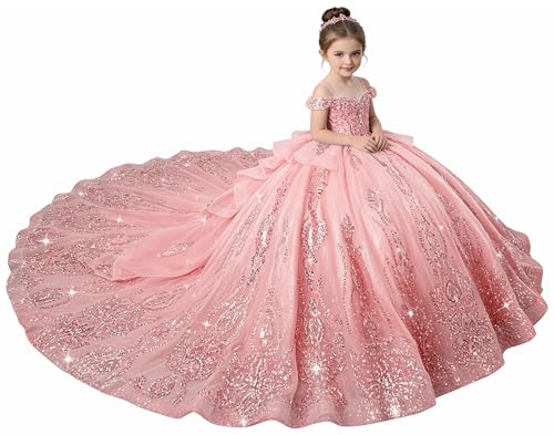 FHPKGE Layered Tulle Dusty Pink Girls Pageant Dress with Train Off Shoulder Sparkly Girls Party Dress Beaded Applique Ball Gown Dress for Girls Size 2