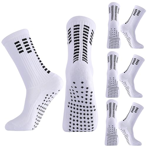 Zuimei 4 Pairs Kids Football Socks Grip Socks, Anti-Slip Football Sock Nonslip Football Kids Ankle Sock for Running Training Sporting for Boys Girls Size 4-5.5(White)