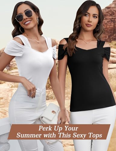 Blingfit Cold Shoulder Tops Summer Tunic Shirts for Women T Shirts V Neck Short Sleeve Casual Tees Blouses 20253