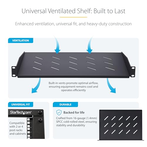 Image of StarTech 1U Vented Server Rack Shelf, 12in, 25lb (CABSHELFV1U-12-RACK) | EIA-310 19in rack and cabinet fit, 11.3kg, 31.5cm mounting depth, SPCC cold-rolled steel, Passive airflow