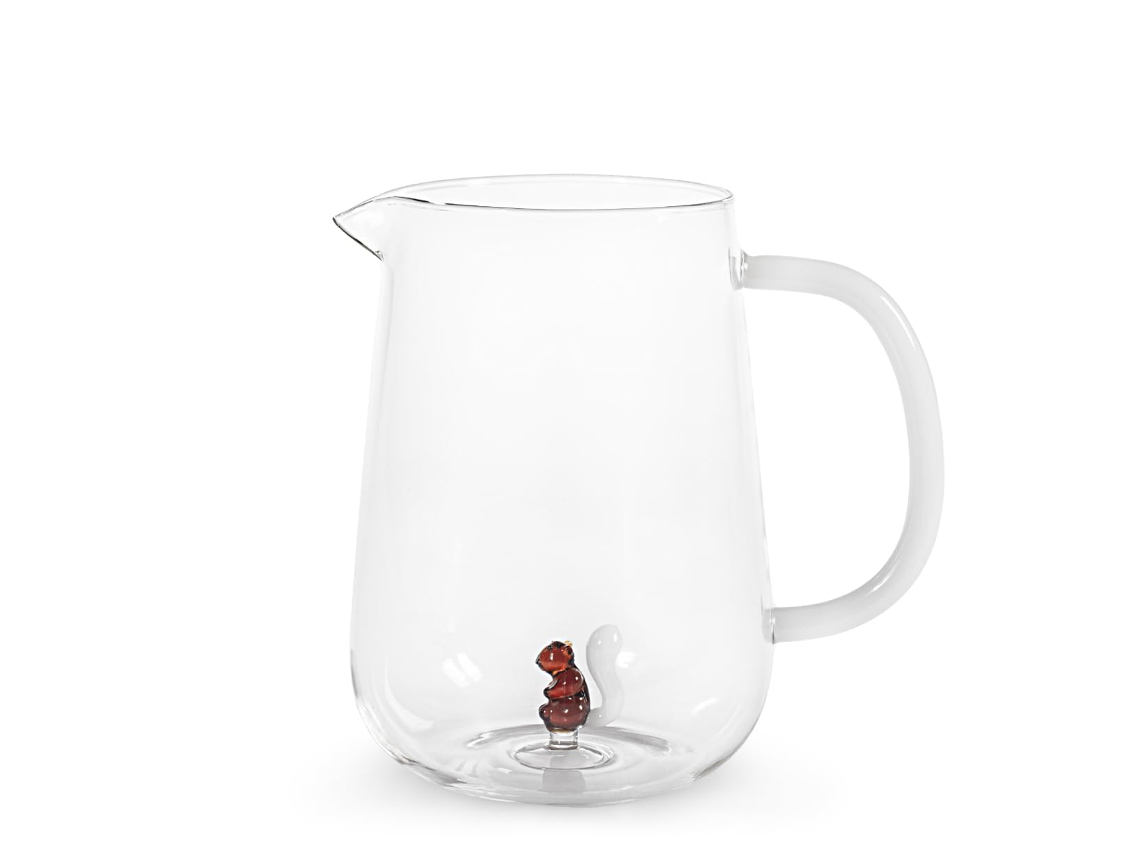 H&H, Borosilicate Glass Jug 1.4L with Miniature Inside Squirrel Shape - Clear with White Handle - Dishwasher Safe