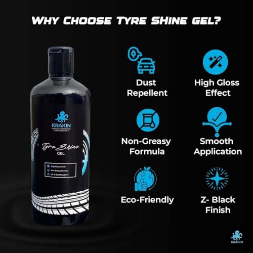 Image of KRAKIN Tyre Shine Gel (500ml) & Microfiber Combo | Gives Tyre Wet & Glossy Look | Tyre Polish for Zero Dust Attraction & Streak-Free Black Finish