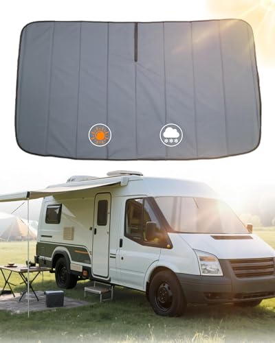 Vanhoxcci Insulated Blackout Windshield Cover for Privacy & Sun Protection, All-Season Van Life Camping Window Shade, Fit for Ford Transit 150 250 350 Medium/High Roof 2015-2025, Gray