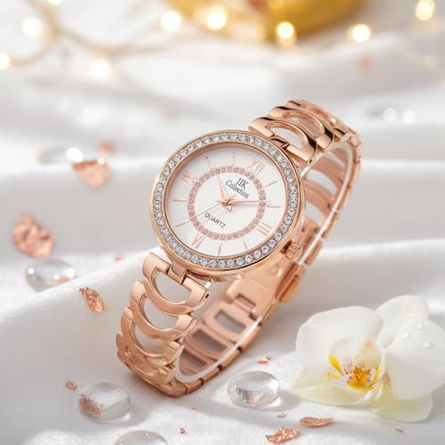 Image of IIK COLLECTION Watches for Women Round Studded Dial |Analogue Quartz Movemnet Ladies Watch|Long Battery Life|Stainless Steel Adjustable Bracelet Chain Strap|Double Lock Clasp Safety Watches for Girls