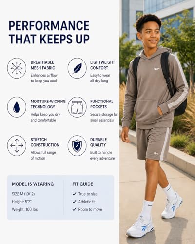 Image of Reebok Boys Active Shorts Set - 2 Piece /3 Piece Athletic Performance Stretch Hoodie Sweatshirt Gym Shorts and Shirts for Boys