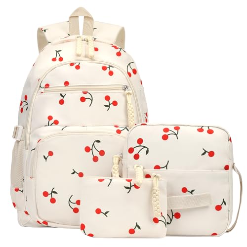 Image of Coquette Cherry Backpack - Cute Kawaii Backpack Set Aesthetic Daypack Cute Rucksack (C03 Cherry White)