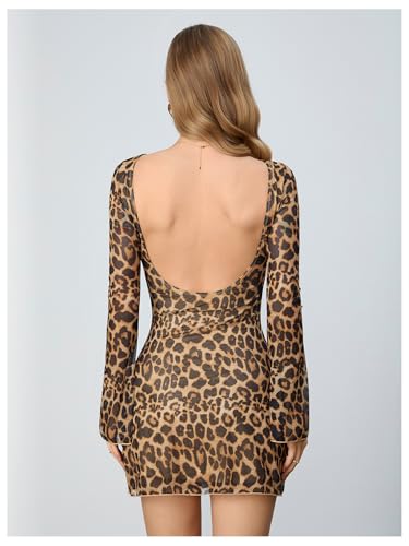Image of MakeMeChic Women's Cheetah Print Mini Dress Y2k Bell Sleeve Leopard Print Dress Going Out Outfits