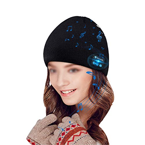 ワイヤレスBluetooth帽子ユニセックスミュージカルニットUsb充電式キャップハンズフリークリスマス冬ビーニーステレオスピーカーとマイクで洗える女性男性用ランニング,黒