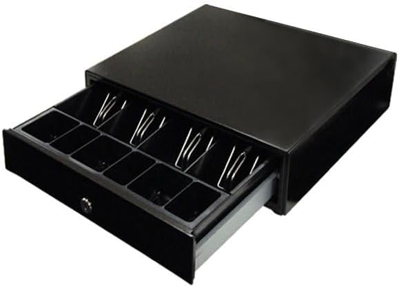 Open cash drawer showing internal bill and coin compartments