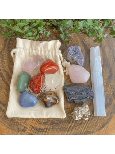 Kit de Cristais para Iniciantes - Selenita, Cristal de Quartzo, Quartzo Rosa, Ametista, Turmalina Ne