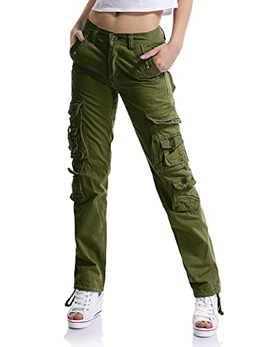 Phorecys Pantalon de travail cargo pour femme en coton avec poche, vert militaire, 36 Cover