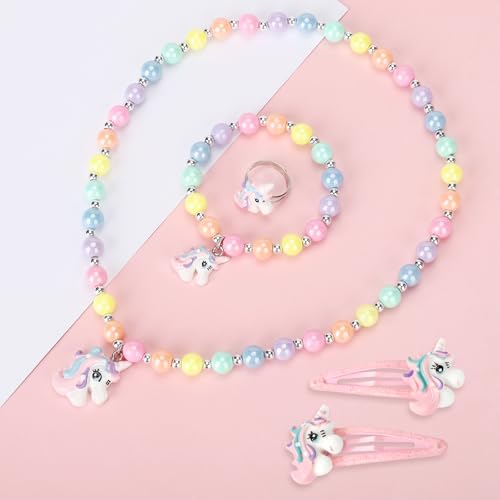 Unicorn Stretch Necklace Little Girl Toddler Necklace Bracelet Hair Clips Set, Little Princess Jewelry Accessories Favors Bags for Girls (1)3