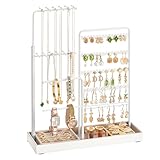 SONGMICS Jewelry Holder, Jewelry Storage Organizer Stand with Metal Frame, Velvet Tray, 12.1 to 18.7 Inches Tall Height Adjustable Necklace Holder, for Rings, Earrings, Matte White UJJS026W01