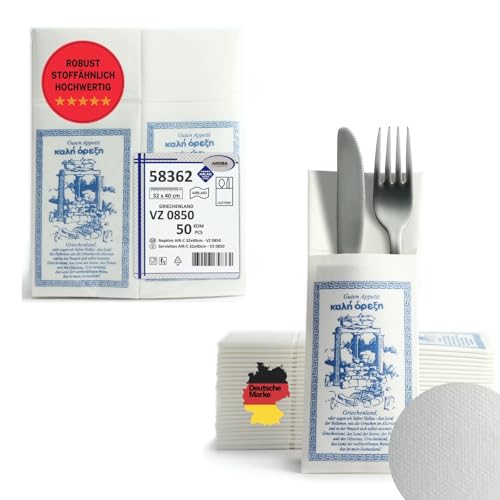 AROBA 50x Airlaid Besteckservietten (Muster Griechenland, 32x40 cm) - Hochwertige Serviettentaschen - Fertig gefaltete Bestecktaschen - Stoffähnliche Airlaidservietten