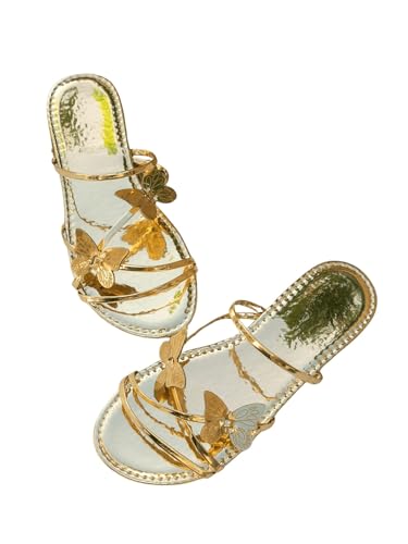 GORGLITTER Women's Gold Beach Summer Flat Sandals 2025 Strappy Cute Wedding Flats Shoes