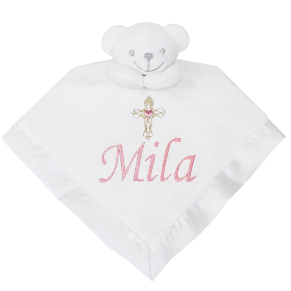Personalised White Gold & Pink Cross Christening 3D Teddy Comforter Baby Blanket Gift
