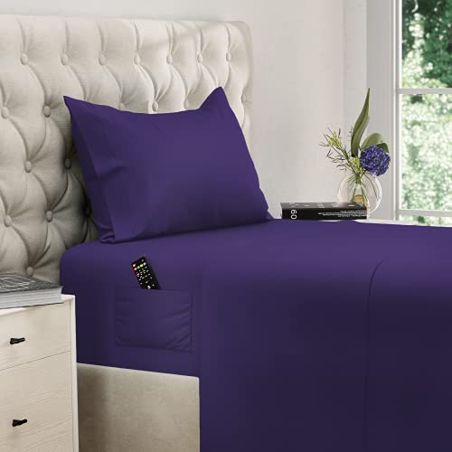 Image of DREAMCARE Twin XL Sheet Sets - 3 pcs Breathable Cooling Sheets - up to 15 inch Deep Pocket Twin XL Sheets Set with Side Pockets - Extra Soft 100% Brushed Hypoallergenic Hotel Luxury Bedding - Purple