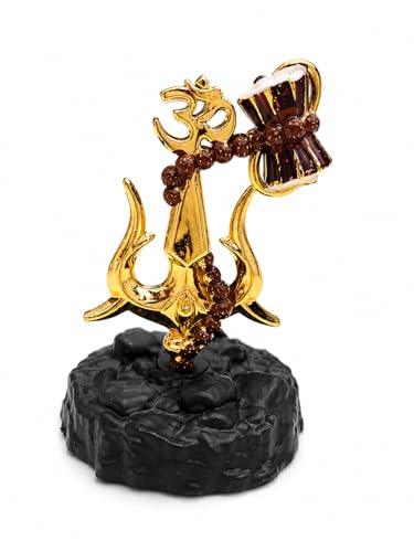 Image of Trishul Damroo Idol with Original Rudraksha Beads | Lord Shiva Symbol Murti for Car Dashboard, Home Decor & Office Table | Spiritual Gift for Pooja, Housewarming & Festive Use