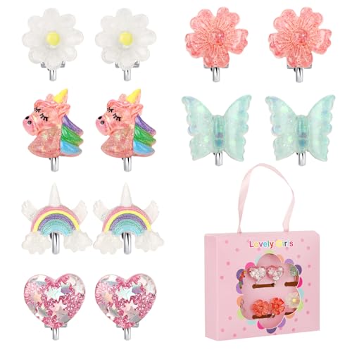 Unicorn Clip On Earrings with Gift Box for Little Girls, Bling Rainbow and Butterfly Earrings, Toddler Princess Costume Jewelry Party Favors Gift for Dress up Pretend Play (3-8 Years)2