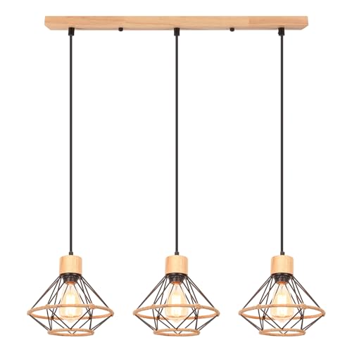 TOKIUS 3 Lampes Suspension Luminaire Vintage Industrielle Lustre Abat-jour en Métal et Corde de Chanvre Ø220mm Plafonnier E27 avec Bois Rétro Pour Salon...