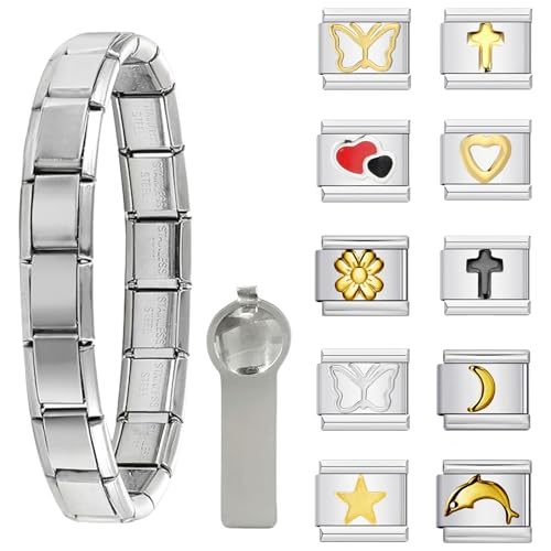 Bzzerumy Set di 12 ciondoli italiani in acciaio inox, ciondoli italiani con dettagli in oro e argento, charm personalizzabili