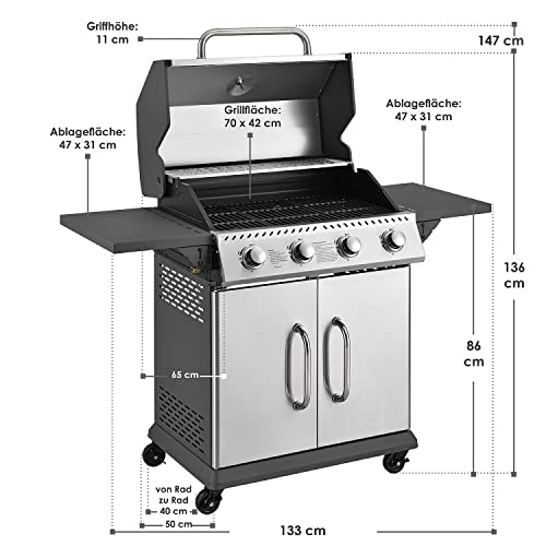 Foto von Juskys Gasgrill Kansas mit 4 Brenner 12 kW, BBQ Grill mit Gusseisen-Grillrost, Warmhalterost & Thermometer, XL Grillwagen 2 Seitenablagen & 4 Räder