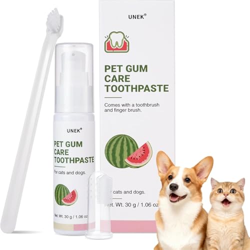 UNEK Dentifricio per cani e gatti, gusto anguria – Kit per la cura di gengive e dei denti, con 2 spazzolini, lenisce le gengive e rinfresca l’alito, 30 g
