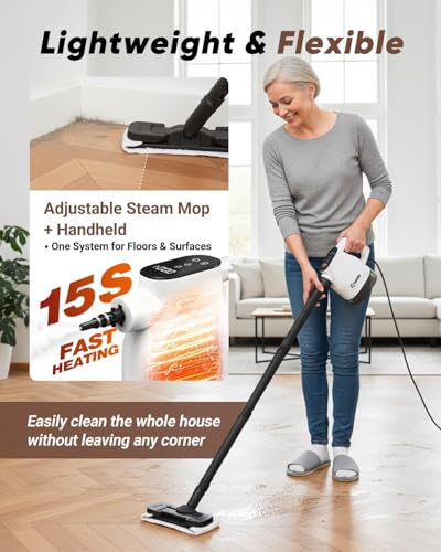Image of Saker EverSteam Instant-Heat Steam Cleaner for Home,15s Heat-up Handheld Steam Cleaner with Mop Attachment&Fiber Cloths,Portable Continuous Refill Steamer for Cleaning of Floor, Car and Kitchen