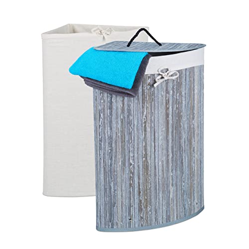 Relaxdays Corner Laundry Basket, Bamboo, Folding Hamper, Lid, 60 L, 2 Inner Washing Bags, 66 x 49.5 x 37 cm, Grey