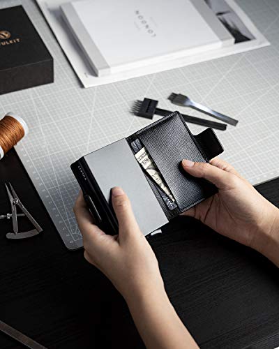 VULKIT Credit Card Holder Leather Men's Wallet Mini Wallet Pop Up with RFID Protection & 2 Slots for 5-7 Cards & Banknotes, s2 cross black, M, Classic