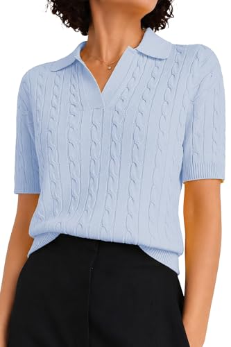 Image of QUALFORT Cable Knit Women's Short Sleeve Sweater Soft V Neck Polo Tops