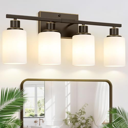 Image of Indoi 4-Light Bathroom Light Fixtures, Oil-Rubbed Bronze Modern Vanity Lights with Milky White Shades, Bathroom Wall Lamp for Mirror Living Room Cabinet Bedroom Porch