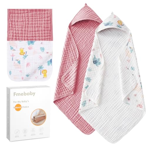 Image of Fmebaby Muslin Bath Towel for Toddler 4 Pcs, 36x36 Inch 100% Muslin Cotton Baby Hooded Bath Towel and Washcloths for Babies, Infant and Kids, Soft and Absorbent Newborn Essential(Pink and Elephant)