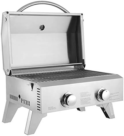 ROVSUN Portable Gas Grill with 2 Burner, Extra Large 20,000 BTU Tabletop Camping Propane Griddle for Outdoor Patio Garden BBQ Picnic Tailgating Trip Home Use with Stainless Steel Body, Regulator & Hose