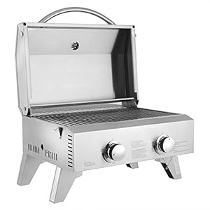 ROVSUN Portable Gas Grill with 2 Burner, 20,000BTU Large Tabletop Camping Propane Griddle for Outdoor Patio Garden BBQ Picnic Tailgating Trip Home Use with Stainless Steel Body, Regulator & Hose