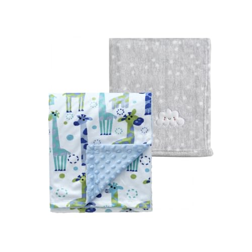 CREVENT 2枚セット 76 x 102 cm 可愛い ふわふわで温かい ベビー毛布 乳幼児用 ベビーベッド 布団 ベビーカー対応 - グレー クラウド + 青いキリン
