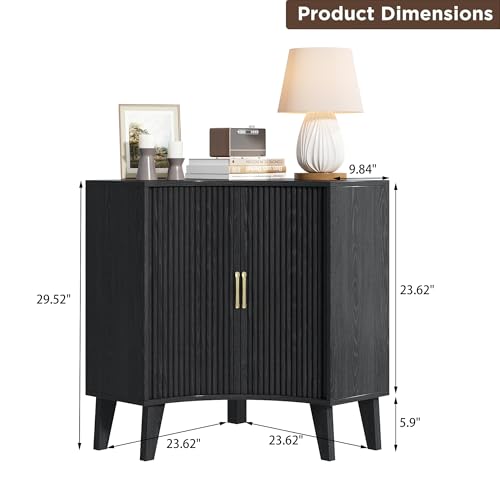 Image of Fluted Corner Cabinet, Small Corner Floor Cabinet with 2-Sliding Doors and Adjustable Shelves, Freestanding Narrow Organizer for Small Space,Living Room, Dining RoomBathroom.Black