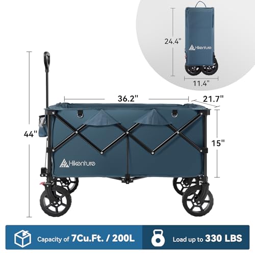 Hikenture 330lbs Collapsible Wagon Cart, Ultra-Large Wagons Carts Foldable Heavy Duty, Utility All Terrain Folding Wagon with Wheels for Groceries, Garden, Sports, Beach, Shopping, Blue - Thumbnail 6