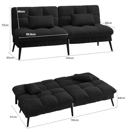 LUCKRACER Sofa 3 Sitzer Sofa Schlafsofa mit Schlaffunktion, überzug Futon Klappsofa, Bettcouch, ecksofa, Couch, 5 Verstellbare Winkel, Ideal für Wohnungen Wohnzimmer aus Stoff Schwarz