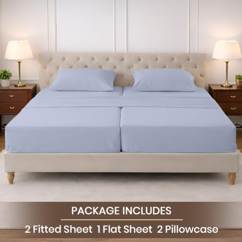 Image of SGI Split King Sheet Set for Adjustable Bed Egyptian Premium Cotton 600 Thread Count Sheets for Sleep Number Bed 15 inch Deep Pocket 5 Pc Set with 2 Twin XL Fitted Sheets Soft Breathable - Cornflower Blue