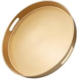 Omuriko Gold Round Decorative Tray with Handles, 13' Versatile Serving Tray for Coffee Table, Ottoman, Ideal for Serving, Displaying, Organizing