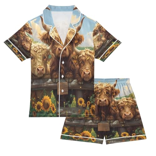 ALAZA Sunflower Highland Cattle Blossom Satin Pajamas Set Short Sleeve Button Down Sleepwear Summer Pjs 2 Piece