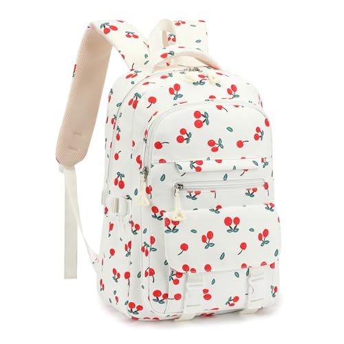 RTGNEI Kids High Middle School Backpack for Girls 5-12 Kawaii Travel Cherry Bookbag Beige Cherry