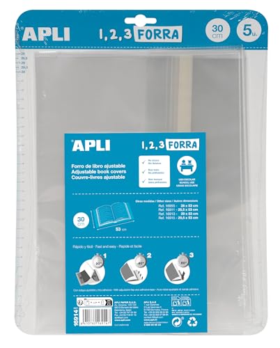 APLI 16914 - Forro de libros con solapa ajustable de polipropileno. Medida 30 x 53 cm, 75 µ. Pack de 5 u.