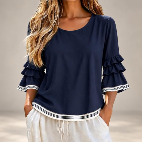 MESSIYO Long Sleeve Shirts for Women Fall Casual Blouse Navy - image 2