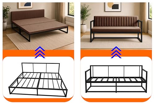 Image of Metal Sofa Cum Bed for Living Room | Modern Industrial Design Metal Frame 3 Seater Sofa Bed for Home, Office & Lounge-Brown