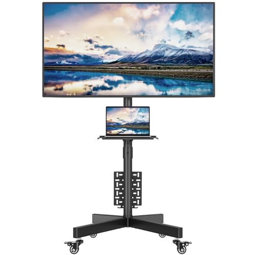 BONTEC TV Ständer auf Rollen mit Lochplatte, Neigbar, Höhenverstellbar, 4 arretierbare Metallrollen, Medienablage, Kabelmanagement, für 23–60 Zoll LED, LCD, OLED Fernseher, bis 40 kg
