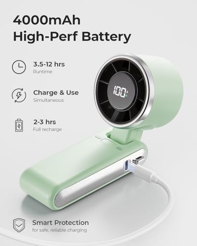 Image of Portable Handheld Turbo Fan - 5 Gear High Speed 4000mAh Rechargeable Mini Personal Hand Fan Blow Cold Air, Battery Operated Travel Essentials, Beach Vacation, Gifts for Women, Men (Green)