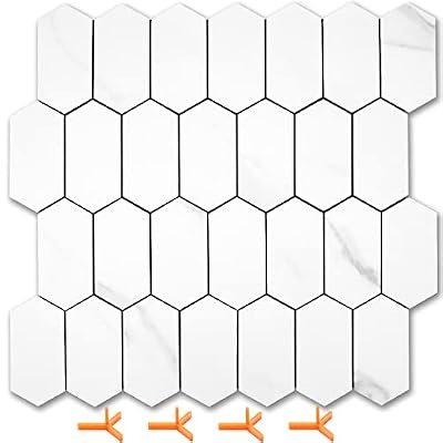 Vamos Tile Long Hexagon Peel and Stick Backsplash Tile - 10 Sheets Stick on Backsplash for Kitchen and Bathroom 12.4 x 12 Inch White Marble Look PVC Self Adhesive Mosaic Wall Tiles